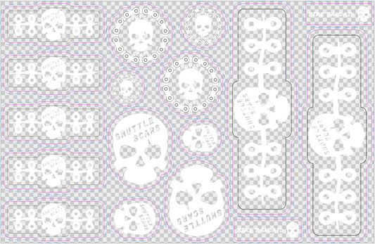 Shuttle Scars Bike Bandaids Protective Vinyl Stickers (Clear with White Graphics), 3-Pack (3 Sheets of 15 each)