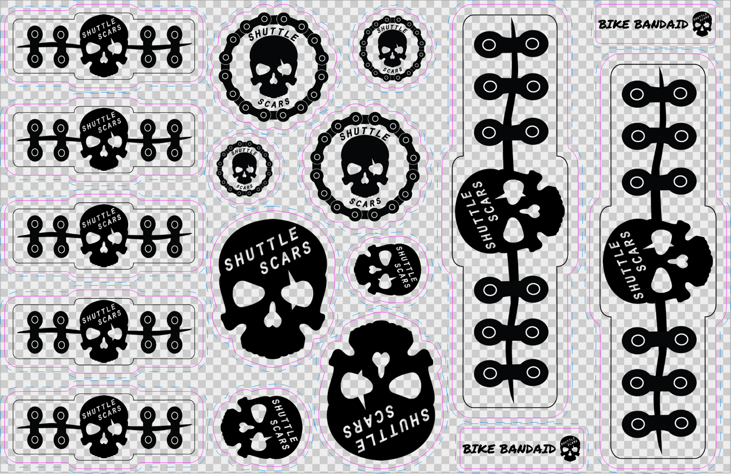 Shuttle Scars Bike Bandaids Protective Vinyl Stickers (Clear with Black Graphics), 1 Sheet of 15