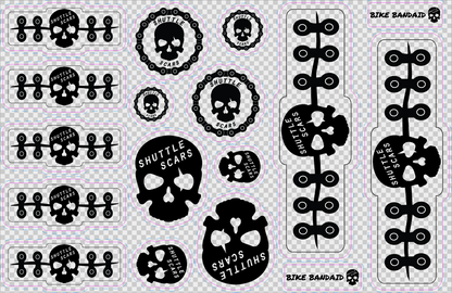 Shuttle Scars Bike Bandaids Protective Vinyl Stickers (Clear with Black Graphics), 1 Sheet of 15